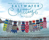 cover shot of Saltwater Mittens Book. Many various coloured colourwork mittens pinned to a clothesline on a beach.