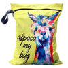 yellow wet bag featuring a watercolour alpaca and the phrase alpaca my bag