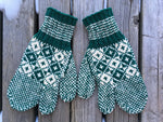 pair of green and cream colourwork trigger finger knit mittens