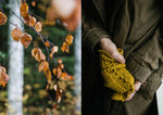 on the left, rust coloured fall leaves, on the right a mustard sock with texture and bobbles inspired by the fall leaves