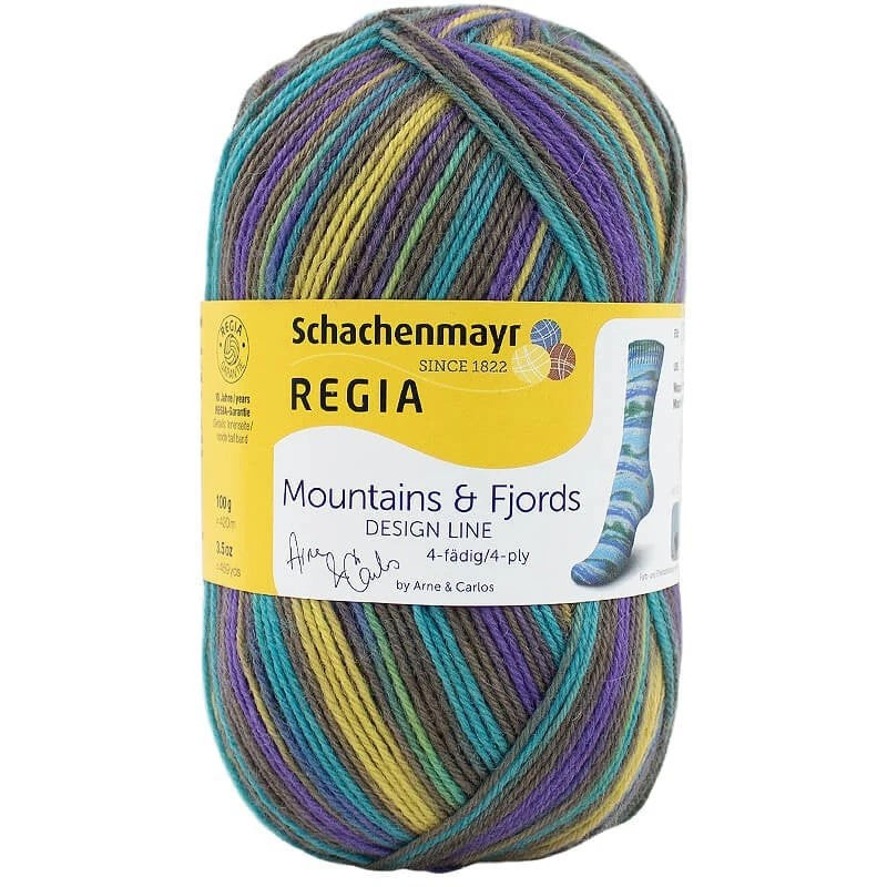 Full skein of aqua, purple, yellow variegated yarn