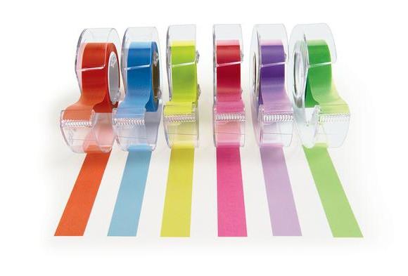 6 rolls of highlighter tape showing colours in orange, blue, yellow, pink, purple, and green