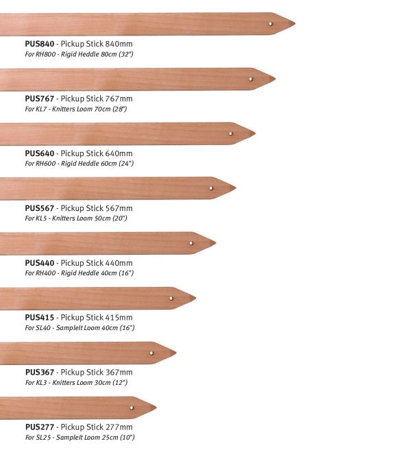 various sizes of pickup sticks with measurements